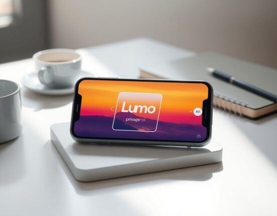 Smartphone displaying Lumo 2.0 AI chatbot interface editing an uploaded photo on a desk