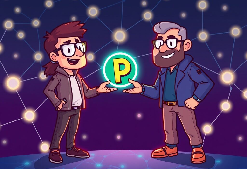 A cartoon illustration showing a large PROVE token transfer occurring between two distinct crypto entities, symbolizing the significant transaction to Arthur Hayes.