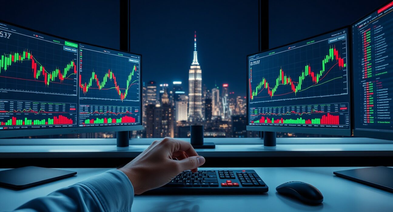 Trader at a desk with multiple monitors showing stock charts during extended trading hours