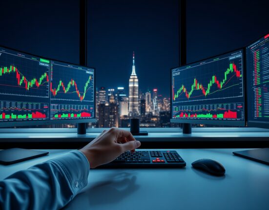 Trader at a desk with multiple monitors showing stock charts during extended trading hours