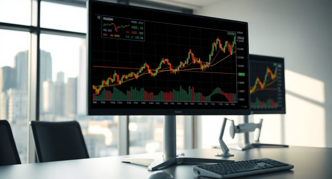 Trader monitors gold price charts on multiple screens in a modern office