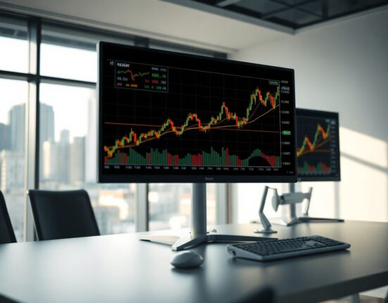 Trader monitors gold price charts on multiple screens in a modern office