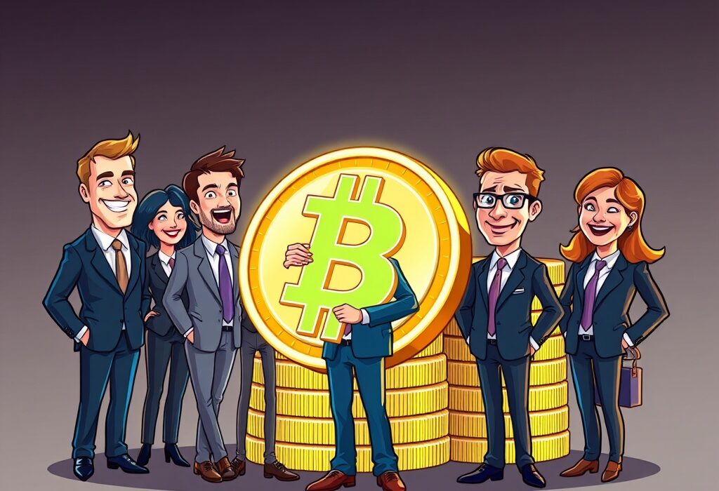 A cartoon illustration showing business leaders celebrating the monumental growth of Public BTC Holdings, symbolizing corporate embrace of Bitcoin.