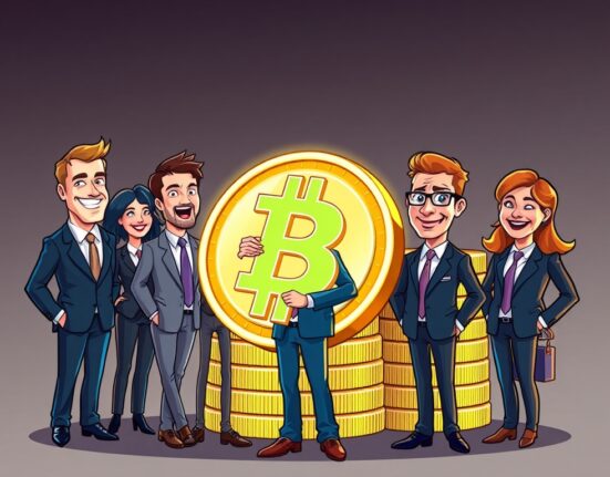 A cartoon illustration showing business leaders celebrating the monumental growth of Public BTC Holdings, symbolizing corporate embrace of Bitcoin.