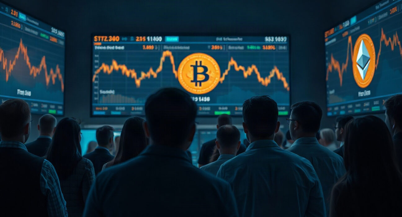 Investors watching falling cryptocurrency prices on screens in a trading room