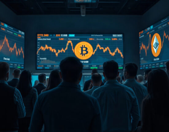 Investors watching falling cryptocurrency prices on screens in a trading room