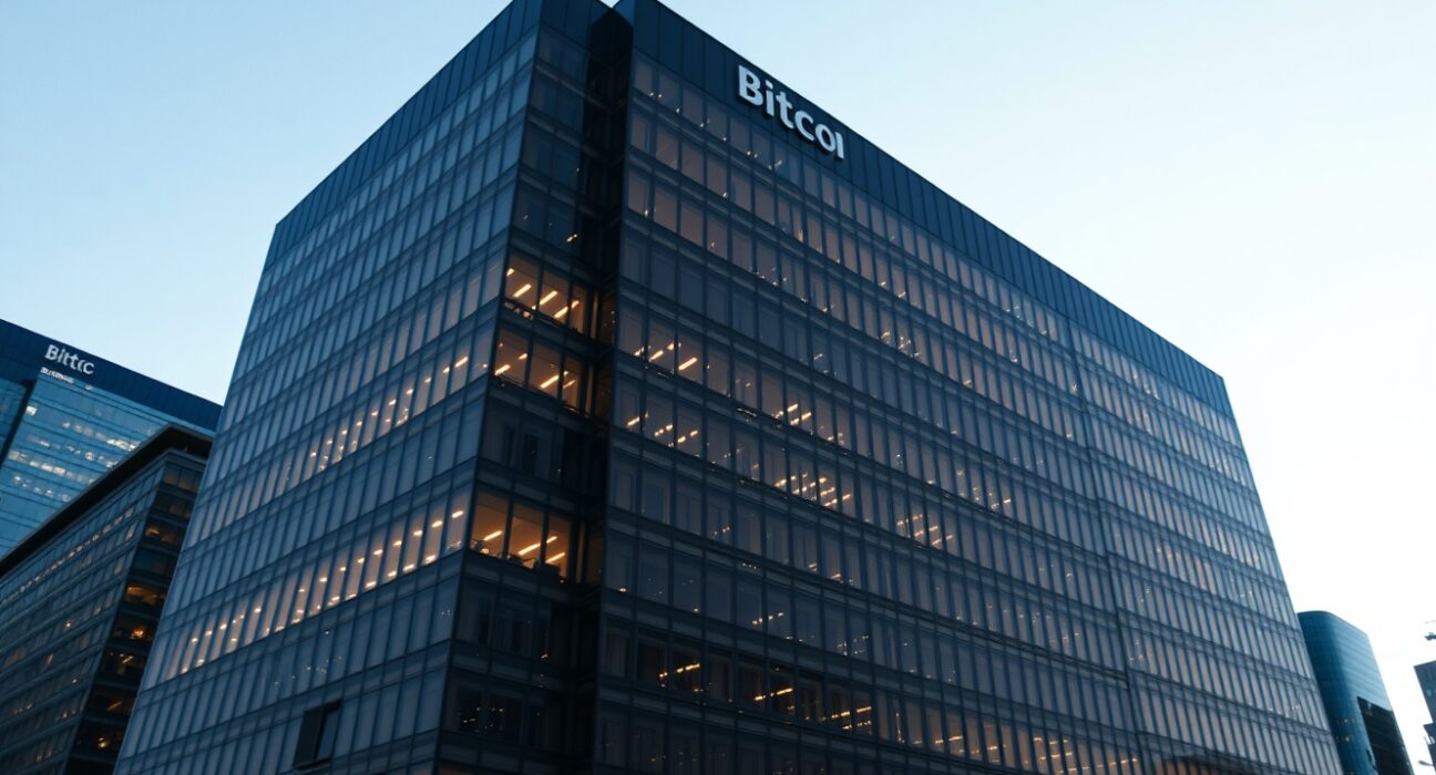 Modern corporate headquarters building at dusk with a subtle Bitcoin symbol glowing in a window