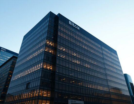 Modern corporate headquarters building at dusk with a subtle Bitcoin symbol glowing in a window