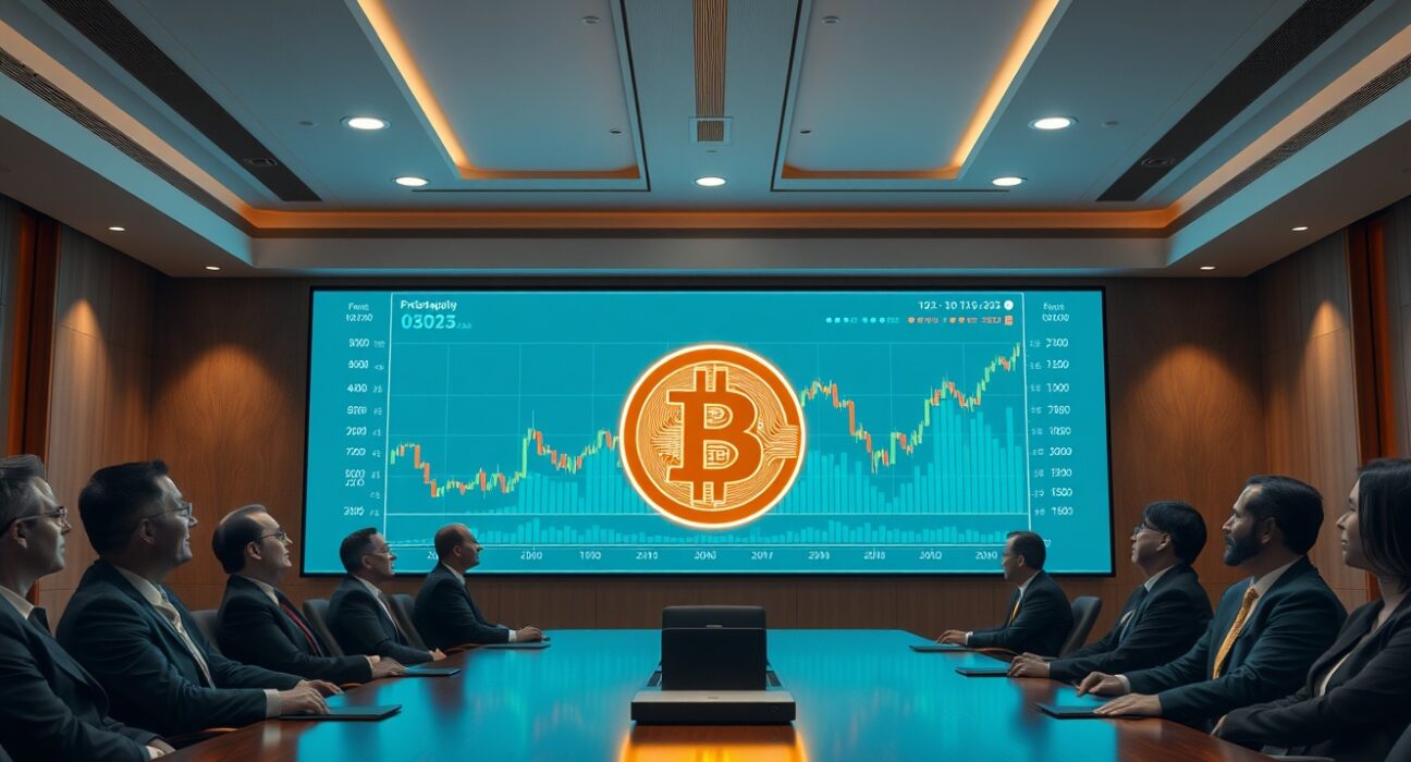 Corporate boardroom with Bitcoin price chart on screen, representing institutional Bitcoin investment