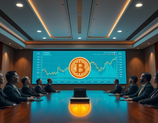 Corporate boardroom with Bitcoin price chart on screen, representing institutional Bitcoin investment