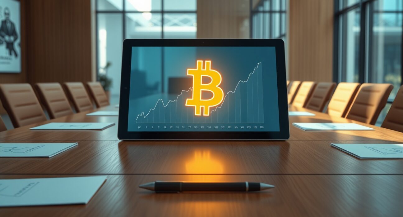 Corporate boardroom with digital tablet showing Bitcoin growth charts, representing public company BTC accumulation in Q1 2026.