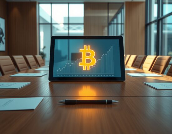 Corporate boardroom with digital tablet showing Bitcoin growth charts, representing public company BTC accumulation in Q1 2026.