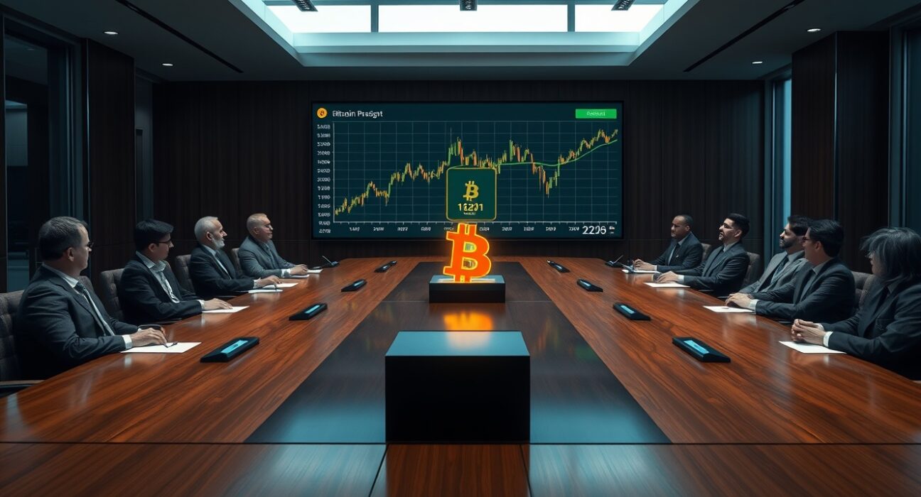Corporate boardroom with Bitcoin price chart on display, representing institutional Bitcoin accumulation by public companies.
