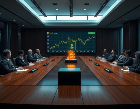 Corporate boardroom with Bitcoin price chart on display, representing institutional Bitcoin accumulation by public companies.