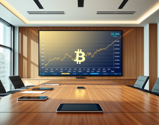 Corporate boardroom with a digital display showing a Bitcoin price chart, representing institutional Bitcoin investment.