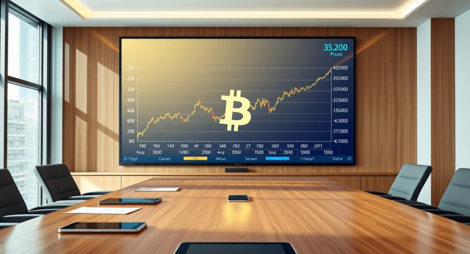 Corporate boardroom with a digital display showing a Bitcoin price chart, representing institutional Bitcoin investment.