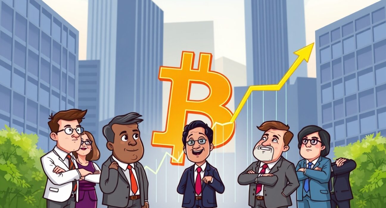 Cartoon showing executives celebrating significant Bitcoin holdings, symbolizing how public companies hold Bitcoin for growth.