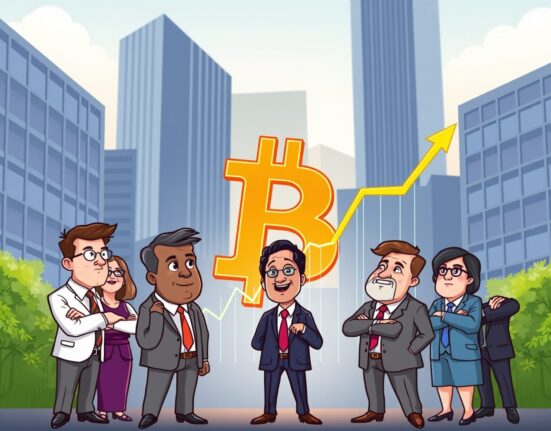 Cartoon showing executives celebrating significant Bitcoin holdings, symbolizing how public companies hold Bitcoin for growth.
