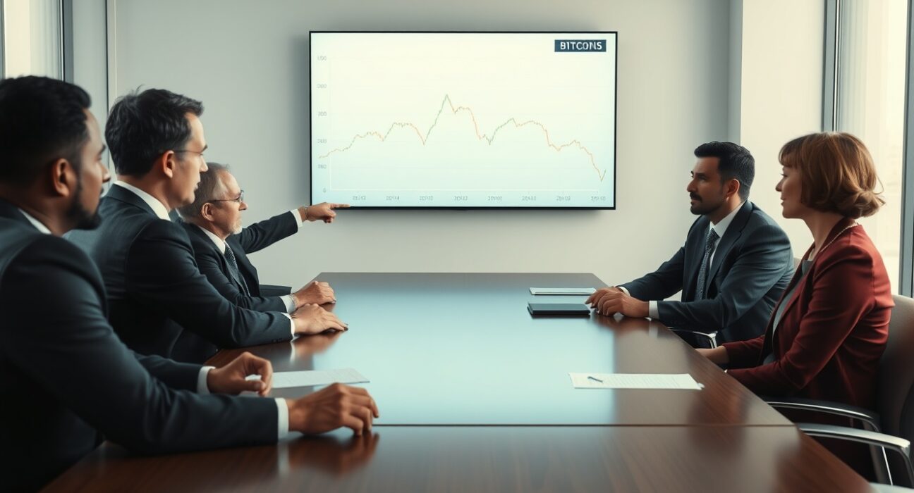 Corporate executives in a boardroom reviewing a Bitcoin price chart on a screen, indicating a strategic shift in crypto holdings.