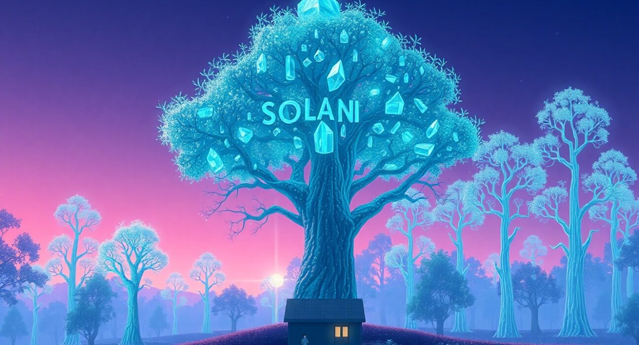 Conceptual Ghibli-style art representing public companies facing massive Solana losses in a digital forest.