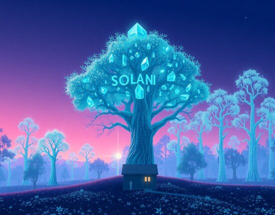 Conceptual Ghibli-style art representing public companies facing massive Solana losses in a digital forest.