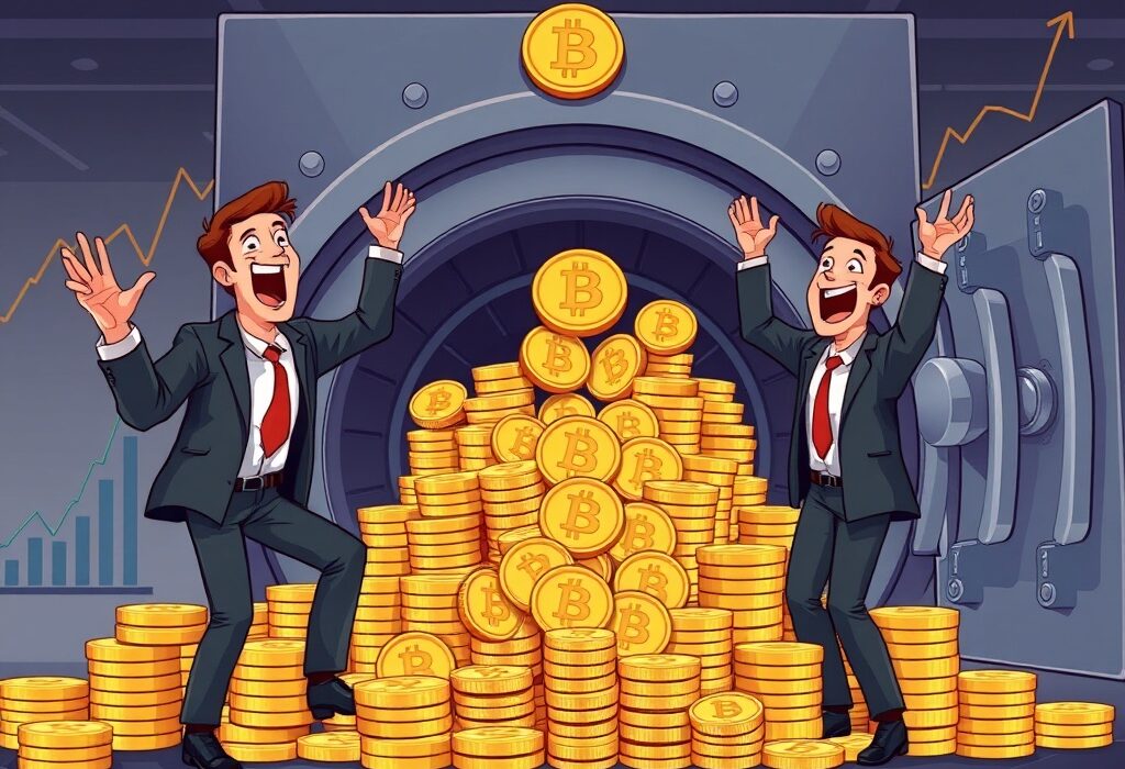 A cartoon depicting publicly-listed companies significantly increasing their Bitcoin holdings, showcasing robust corporate Bitcoin adoption.