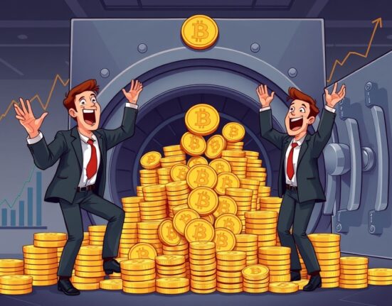 A cartoon depicting publicly-listed companies significantly increasing their Bitcoin holdings, showcasing robust corporate Bitcoin adoption.