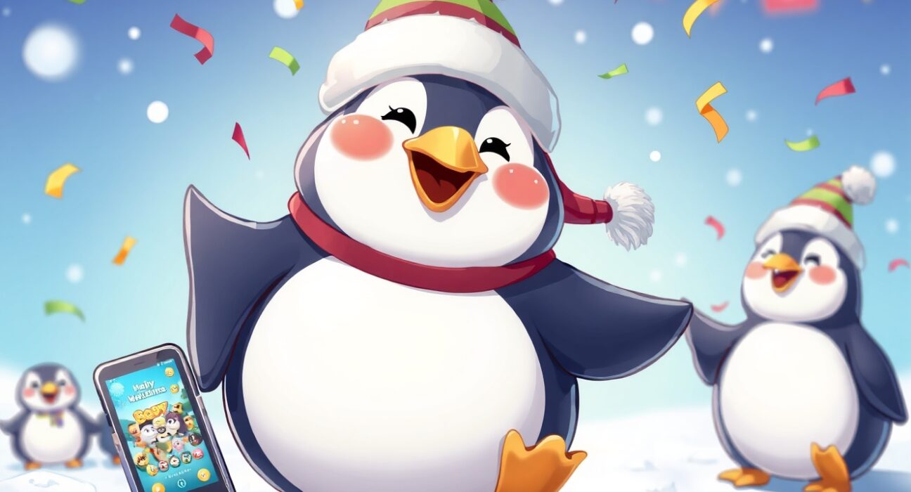 Celebratory cartoon penguin holding a phone showing the triumphant Pudgy Party mobile game interface.
