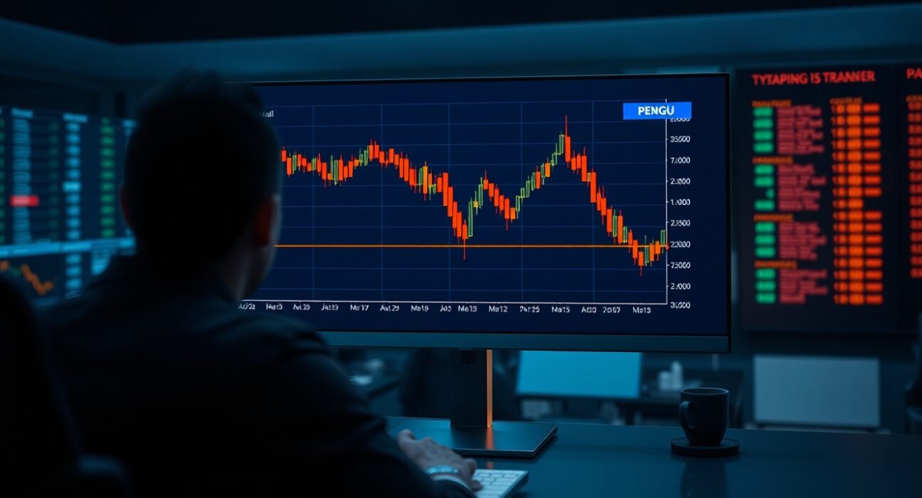 A trader monitoring a PENGU cryptocurrency chart showing a price decline on a digital exchange interface.
