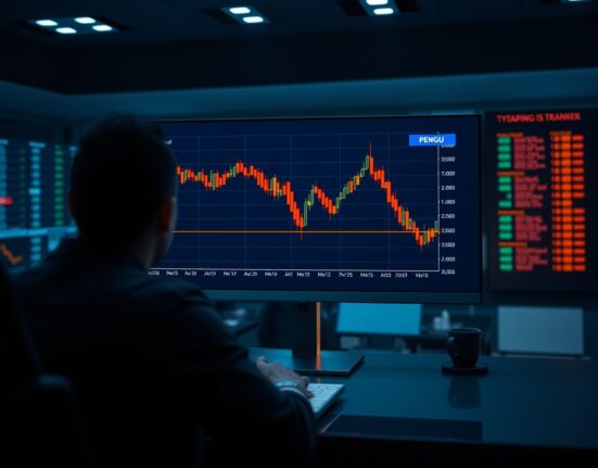 A trader monitoring a PENGU cryptocurrency chart showing a price decline on a digital exchange interface.
