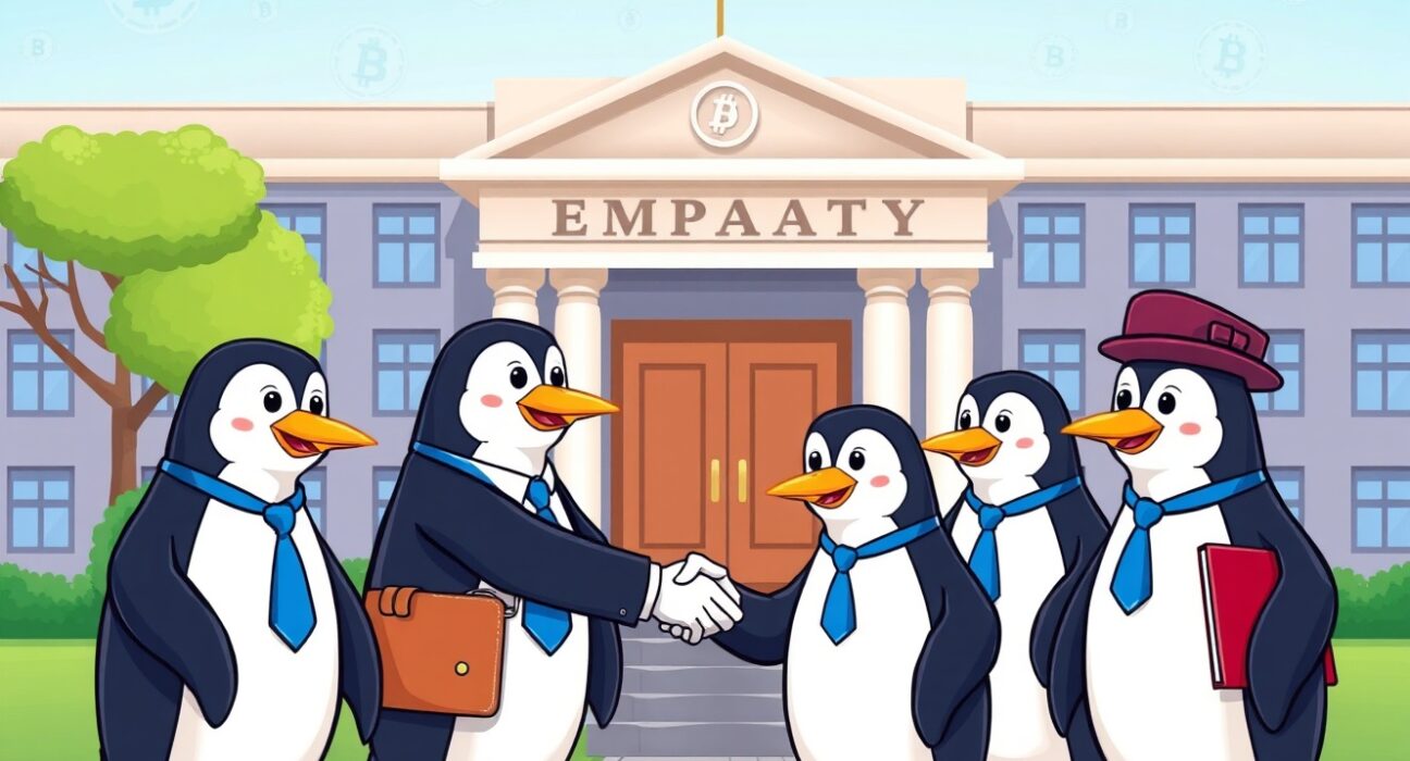 Pudgy Penguins cartoon characters discussing crypto policy with diplomats at embassy meeting