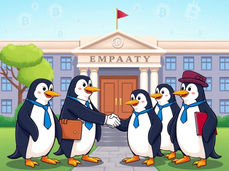 Pudgy Penguins cartoon characters discussing crypto policy with diplomats at embassy meeting