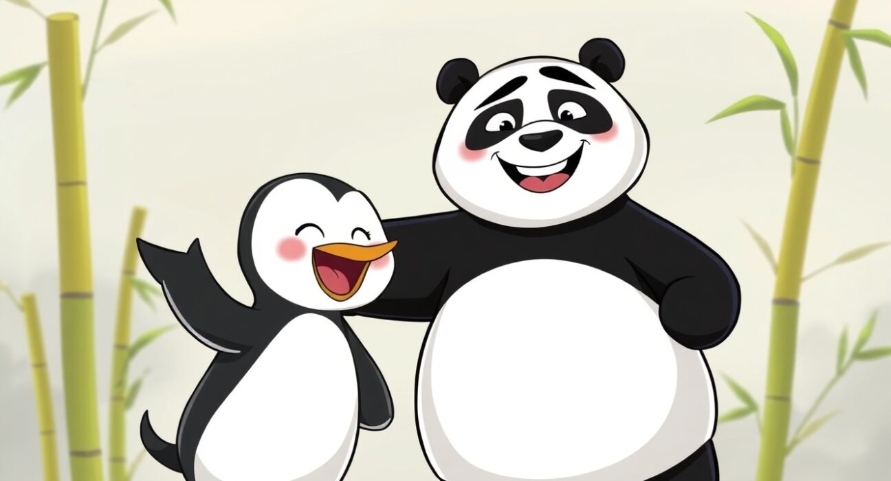 A vibrant cartoon image showing a Pudgy Penguin and Po from Kung Fu Panda, symbolizing the exciting Pudgy Penguins collaboration.