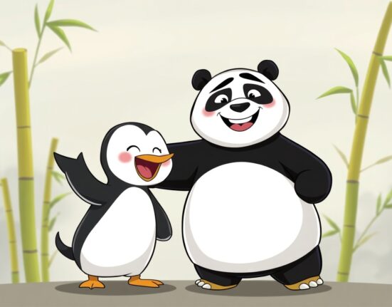 A vibrant cartoon image showing a Pudgy Penguin and Po from Kung Fu Panda, symbolizing the exciting Pudgy Penguins collaboration.