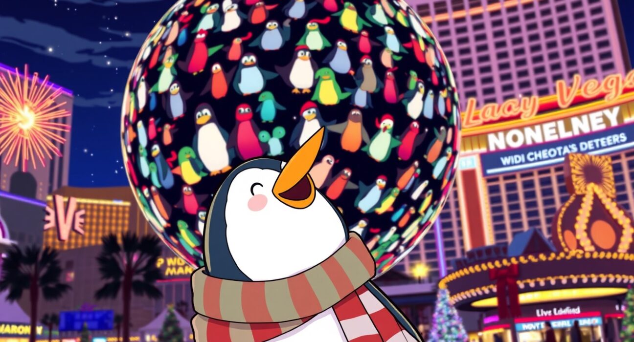 Pudgy Penguins character marveling at its artwork on the dazzling Las Vegas Sphere, symbolizing NFT mainstream breakthrough.