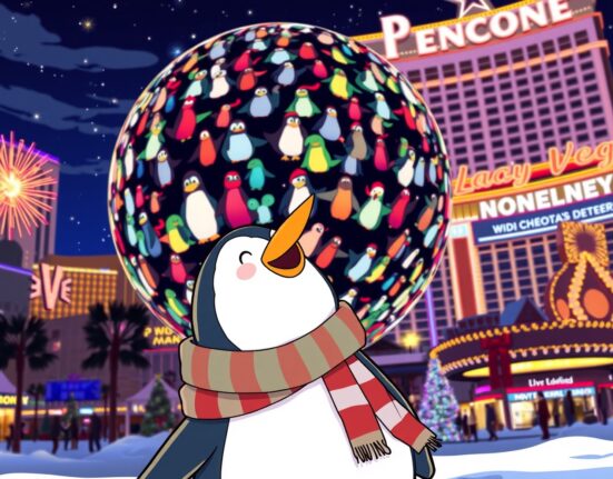 Pudgy Penguins character marveling at its artwork on the dazzling Las Vegas Sphere, symbolizing NFT mainstream breakthrough.