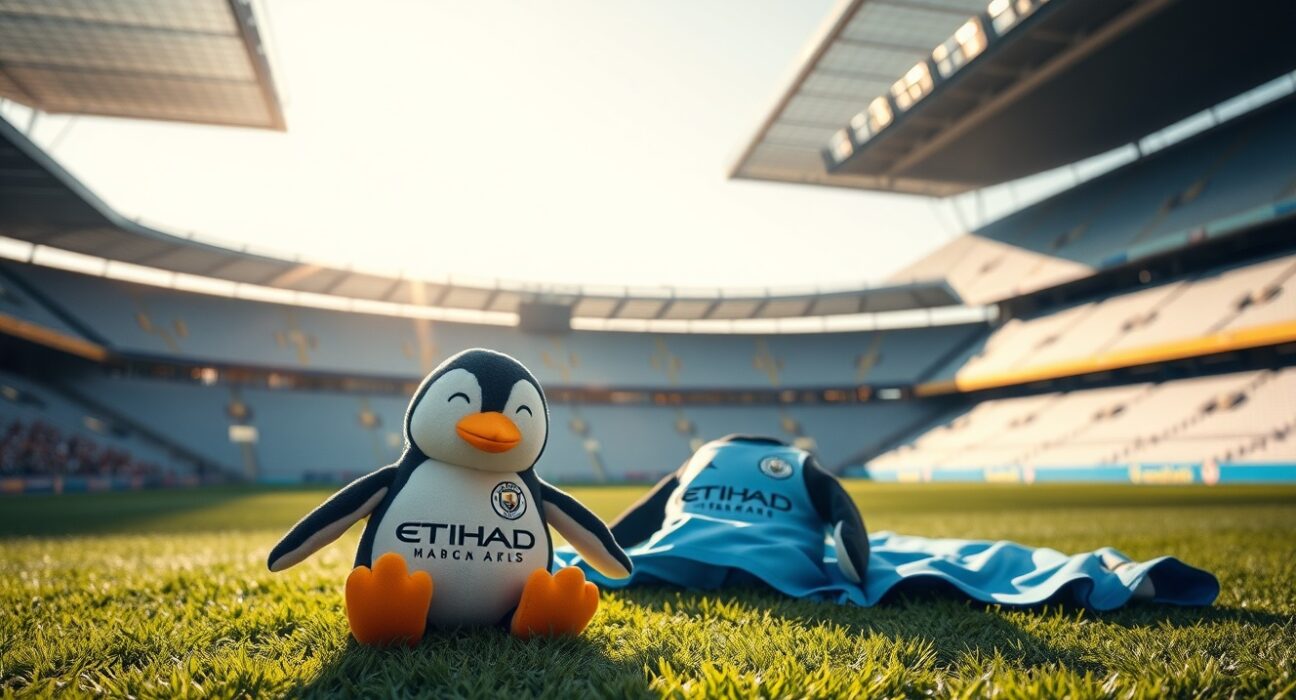 Pudgy Penguins plush toy on a football pitch with Manchester City jersey