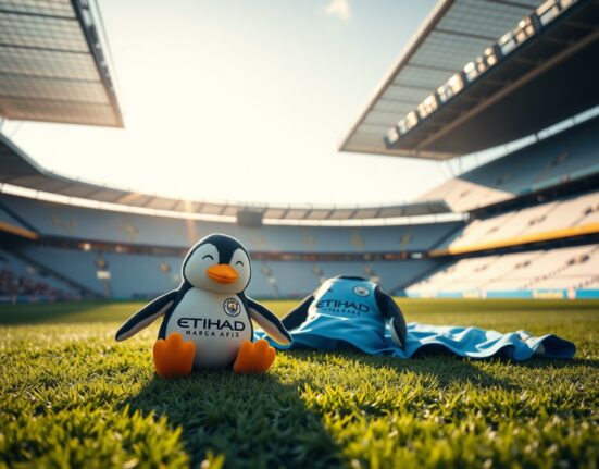 Pudgy Penguins plush toy on a football pitch with Manchester City jersey