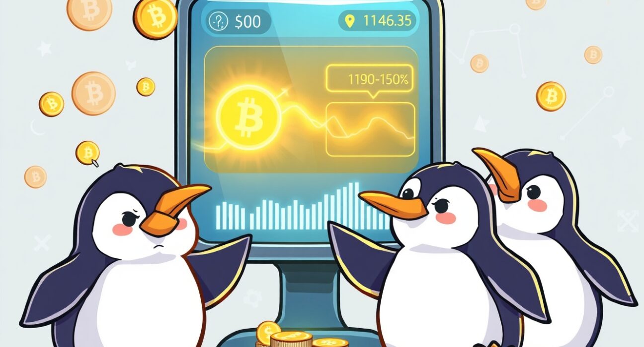 Cartoon illustration showing Pudgy Penguins interacting with a crypto exchange, conveying the significance of a large PENGU deposit and potential market impact for Pudgy Penguins holders.