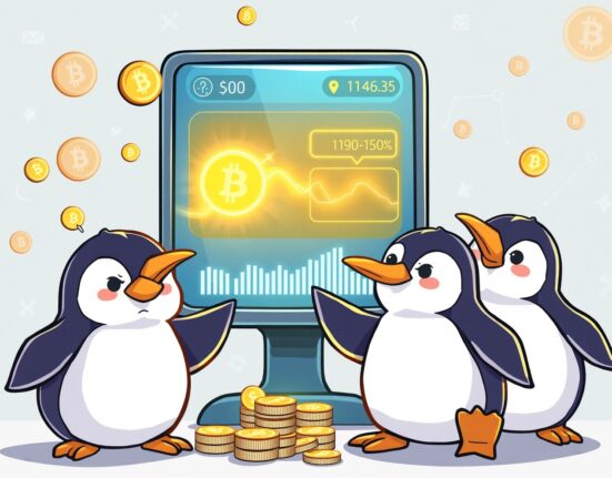 Cartoon illustration showing Pudgy Penguins interacting with a crypto exchange, conveying the significance of a large PENGU deposit and potential market impact for Pudgy Penguins holders.