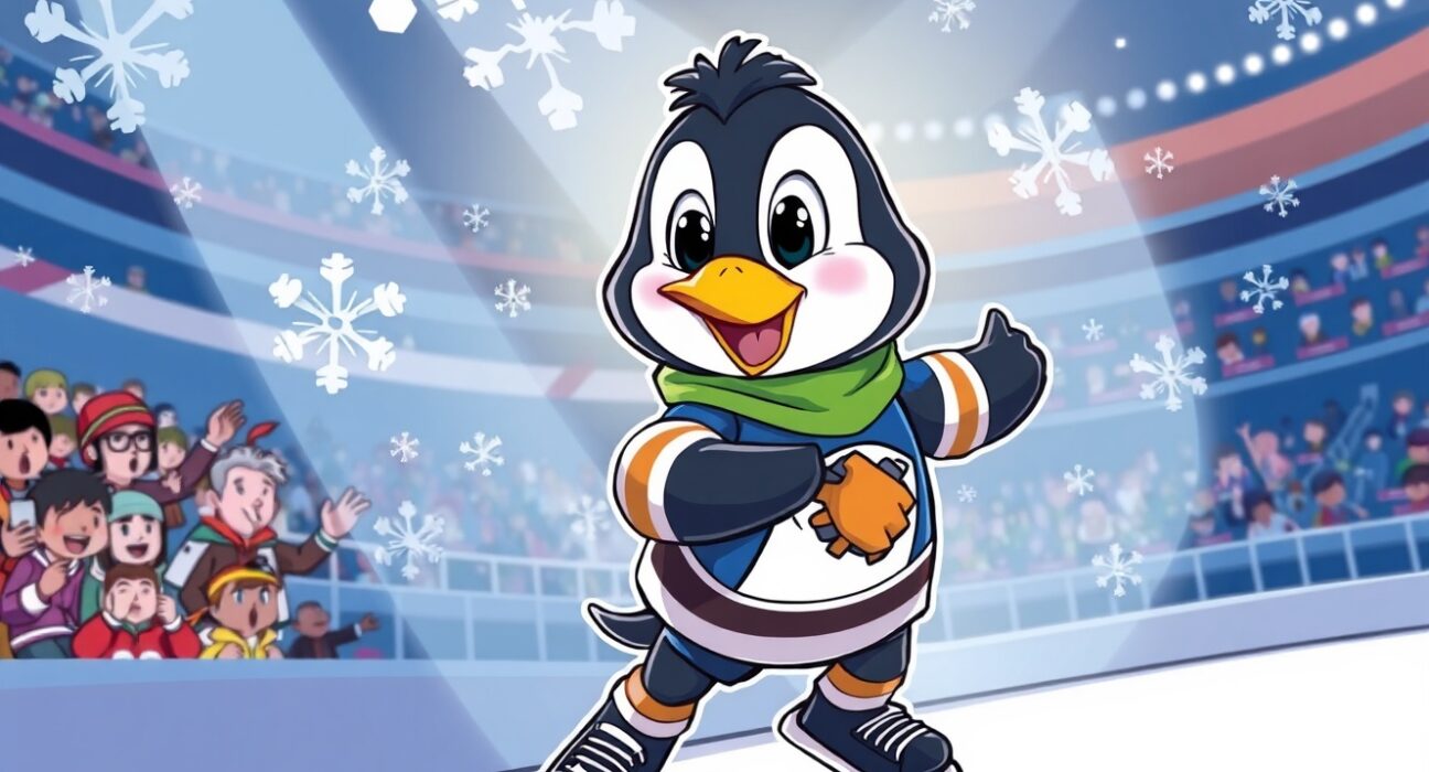 Pudgy Penguins mascot skating in NHL collaboration for Winter Classic hockey event.