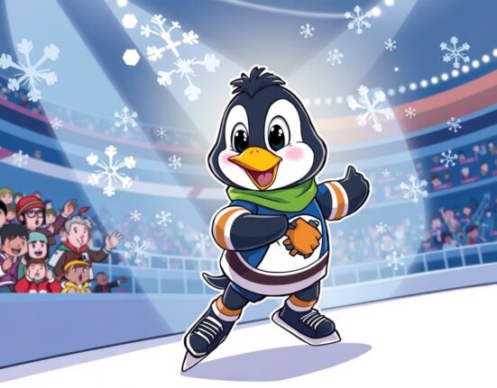 Pudgy Penguins mascot skating in NHL collaboration for Winter Classic hockey event.