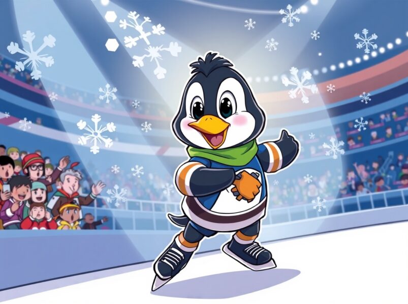 Pudgy Penguins mascot skating in NHL collaboration for Winter Classic hockey event.