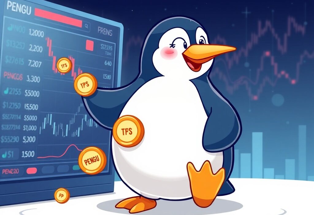 Cartoon illustration depicting a significant Pudgy Penguins PENGU token transfer to an exchange, raising market questions.