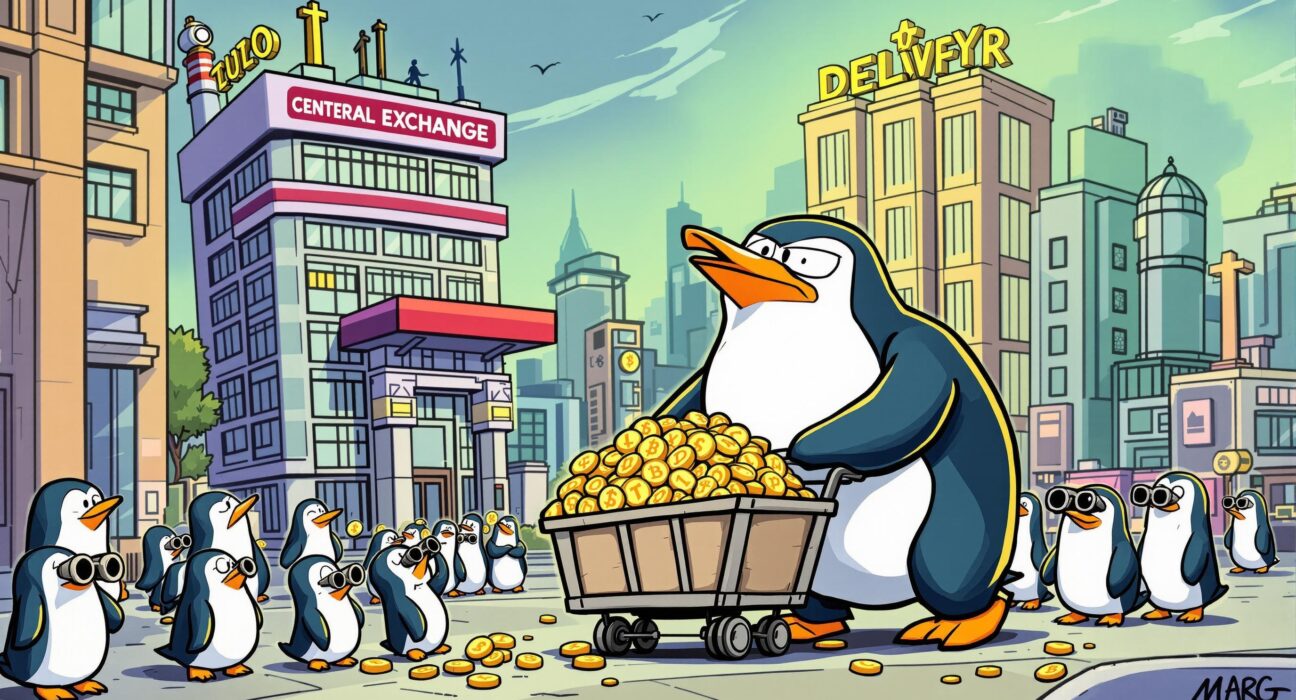 A cartoon illustration depicting a large transfer of Pudgy Penguins PENGU tokens to a centralized exchange, highlighting market activity and investor concern.