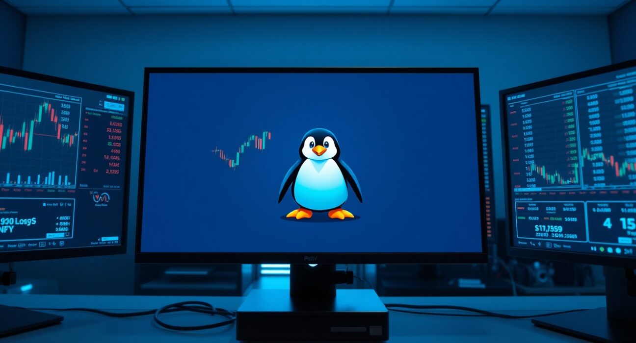 Pudgy Penguins NFT character displayed on a trading monitor with cryptocurrency charts