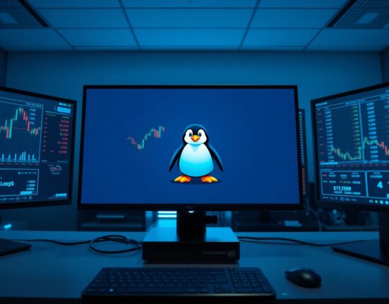 Pudgy Penguins NFT character displayed on a trading monitor with cryptocurrency charts