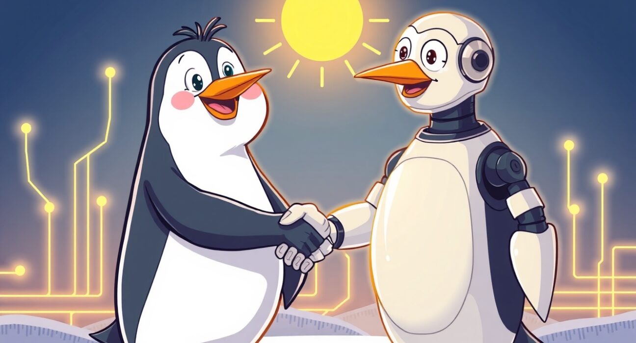 A cartoon penguin and a robotic arm collaborating, symbolizing the innovative Pudgy Penguins Solana partnership for digital asset management.