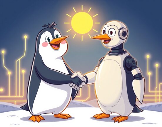A cartoon penguin and a robotic arm collaborating, symbolizing the innovative Pudgy Penguins Solana partnership for digital asset management.