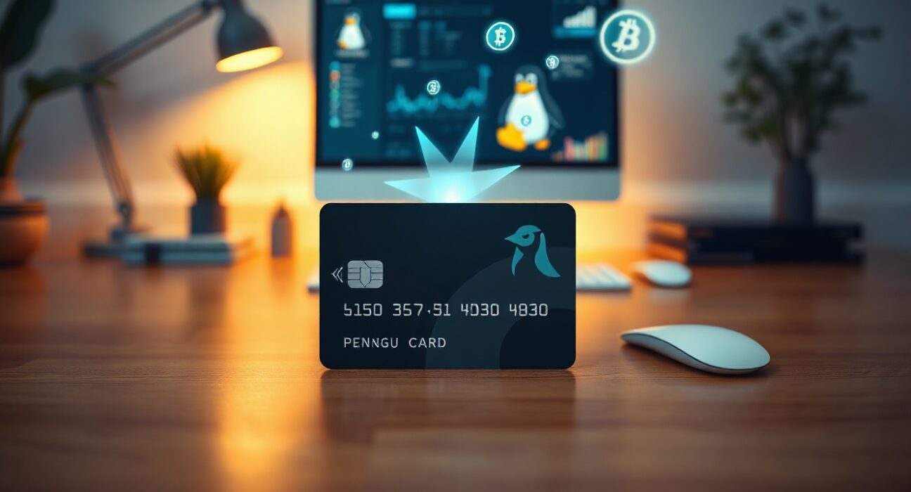 Pengu Card on desk with floating digital SBT tokens and penguin icon